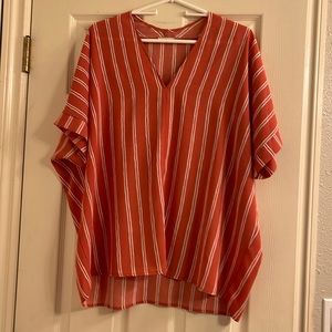 Coral V- neck pinstripe blouse